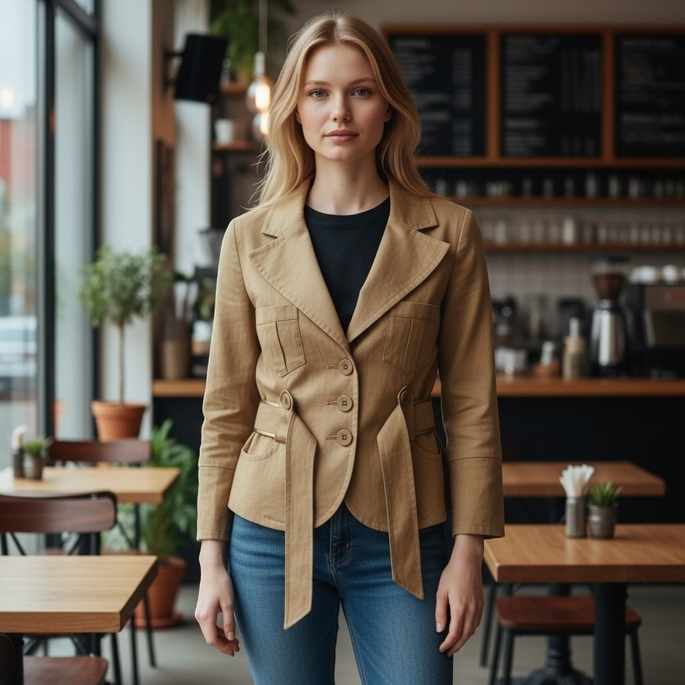Bebe Linen Blend Blazer Women 4 Caramel Belted Satin Trim Tailored Jacket